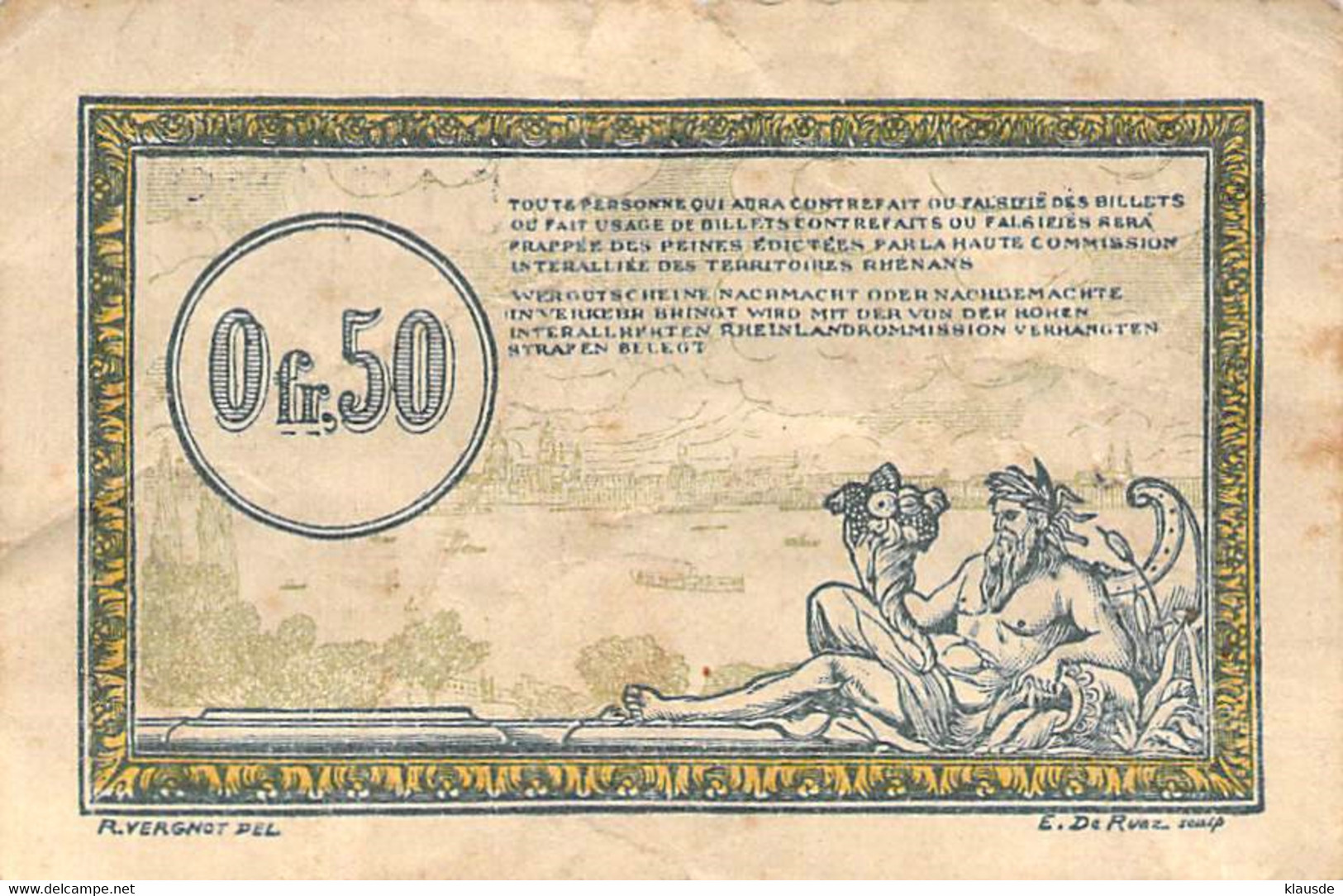 0,50 Francs Besetzte Gebiete Rheinland Deutsches Reich VG/G IV - Primera Guerra Mundial