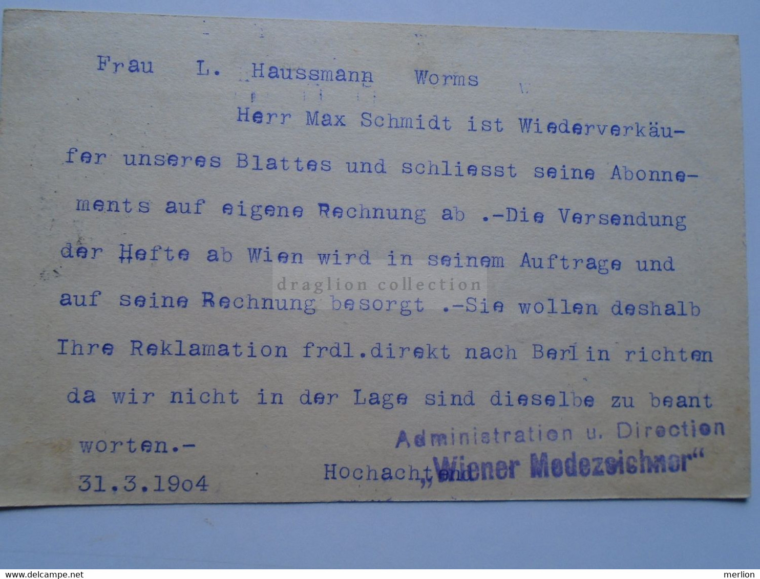 D178659   Österreich Ganzsache  1904    WIEN   Wiener Modezeichner Sent To  WORMS  L. Haussmann - Other & Unclassified