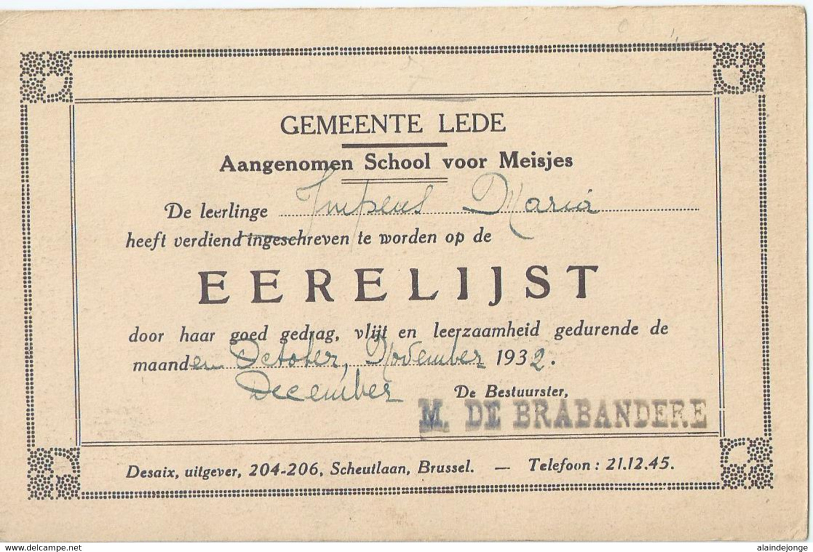 Lede - Aangenomen School Voor Meisjes - Eerelijst - 1932 - Lede