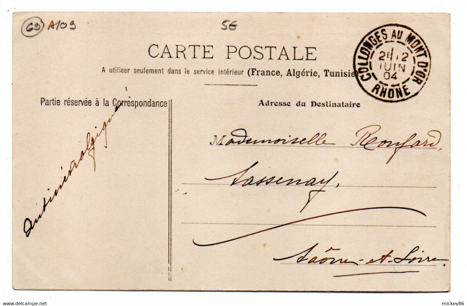 ANSE --1904-- Chateau--Hôtel De Ville...........beau Cachet COLLONGES AU MONT D'OR-69......à Saisir - Anse