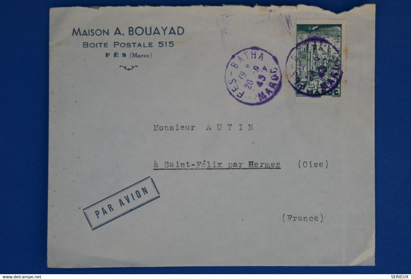 R4 MAROC BELLE LETTRE   1945 VOYAGEE PAR AVION FES POUR ST FELIX FRANCE + AFFRANCH. INTERESSANT - Cartas & Documentos