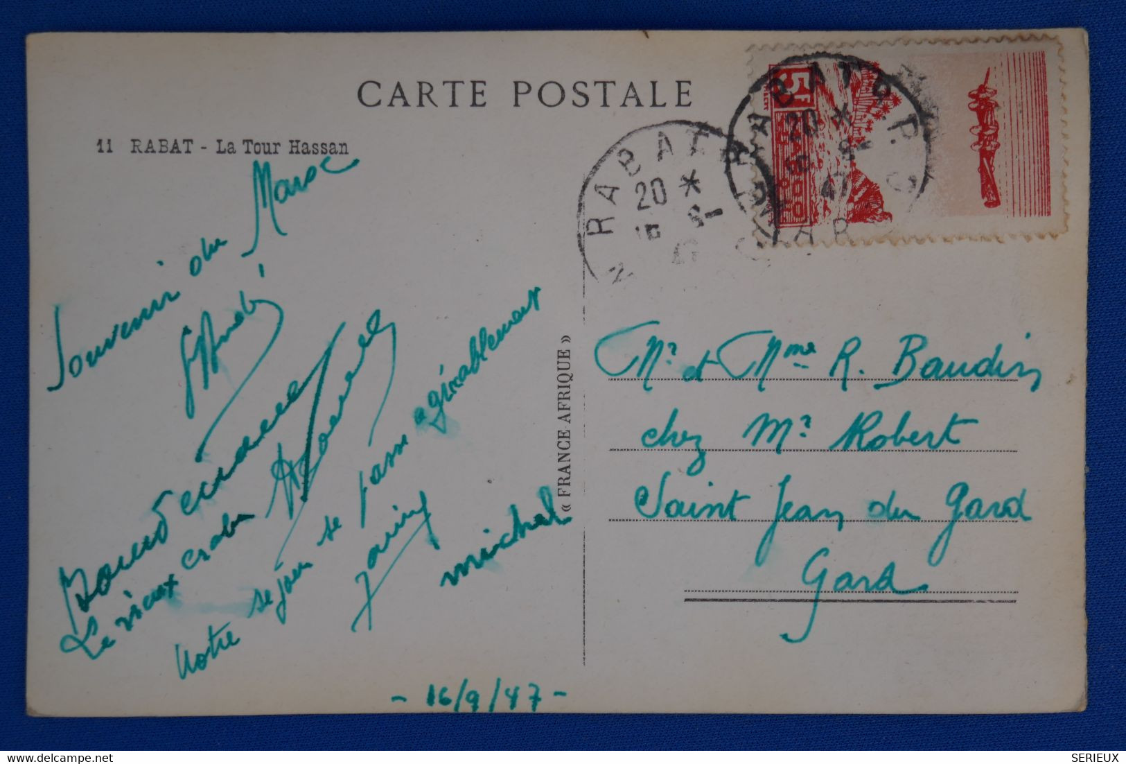 R4 MAROC BELLE CARTE 1947RABAT POUR ST JEAN GARD FRANCE + AFFRANCH. INTERESSANT - Storia Postale