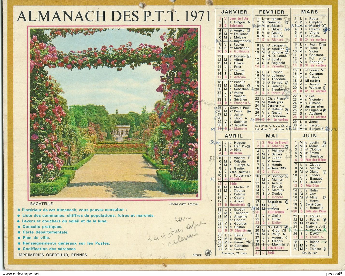 Calendrier Des P.T.T. - 1971. - Grand Format : 1971-80