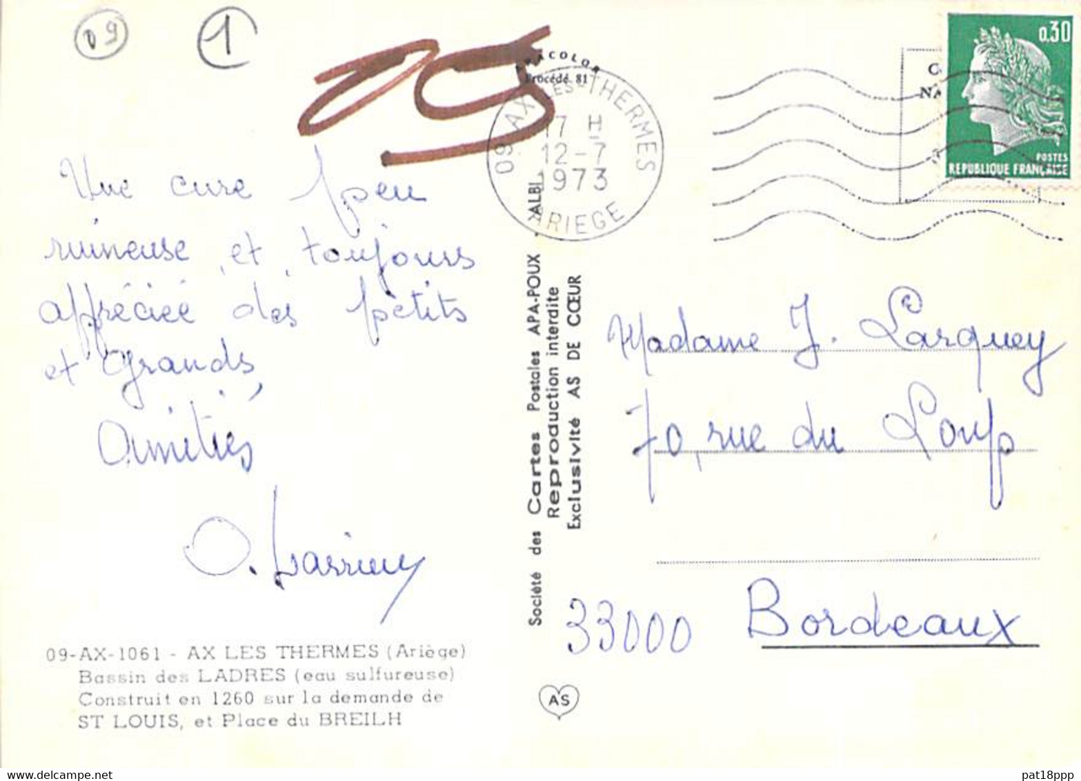 09 - AX Les THERMES : Bassin  Des LADRES ( Eau Sulfureuse ) Construit En 1260 à La Demande De ST LOUIS - CPSM GF 1973 - Ax Les Thermes