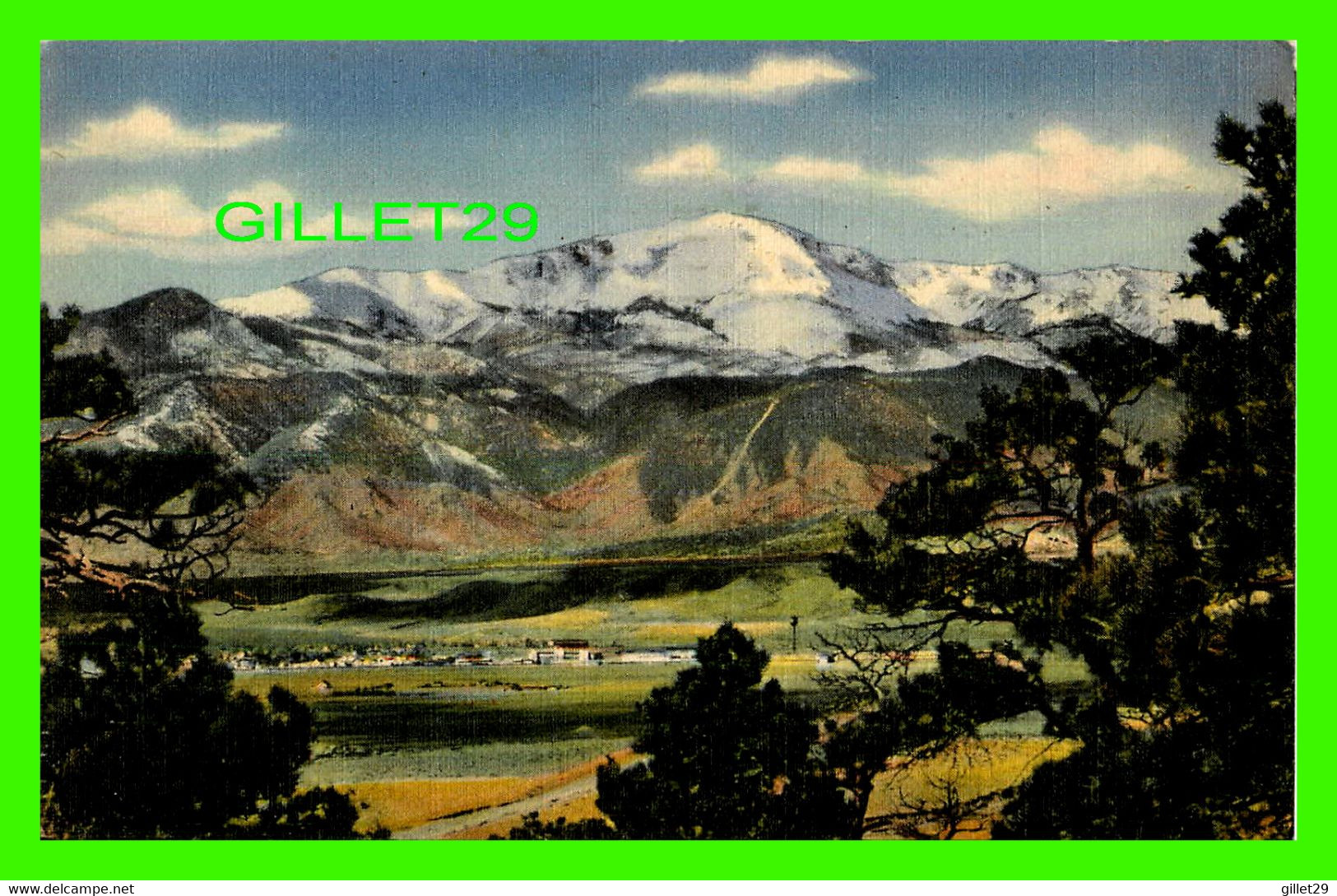 COLORADO SPRINGS, CO - PIKES PEAK TOWERING OVER CITY - TRAVEL IN 1956 - SANBORN SOUVENIR CO - - Colorado Springs
