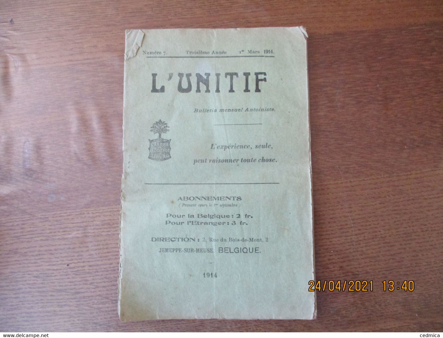 ANTOINISME JEMEPPE SUR MEUSE BELGIQUE L'UNITIF BULLETIN MENSUEL ANTOINISTE N°7 DU 1er MARS 1914 - Religión & Esoterismo