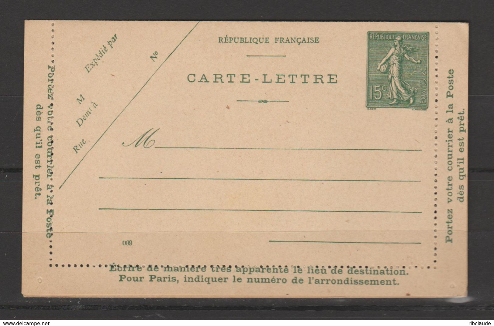 Carte-Lettre Type Semeuse Lignées 15c Vert Olive - Cartes-lettres