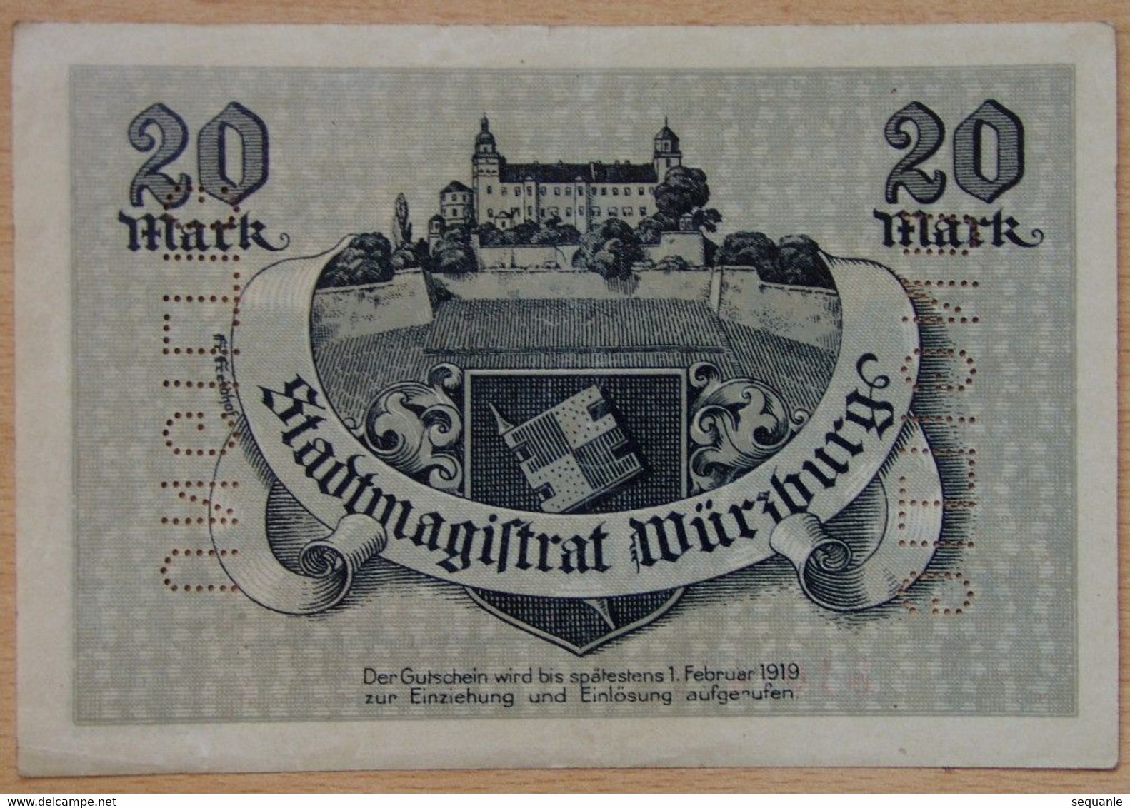 Allemagne - Bavière Notgeld, Stadt Würzburg, 20 Mark 8 Octobre 1918 Perforé UNGILTIG - 20 Mark
