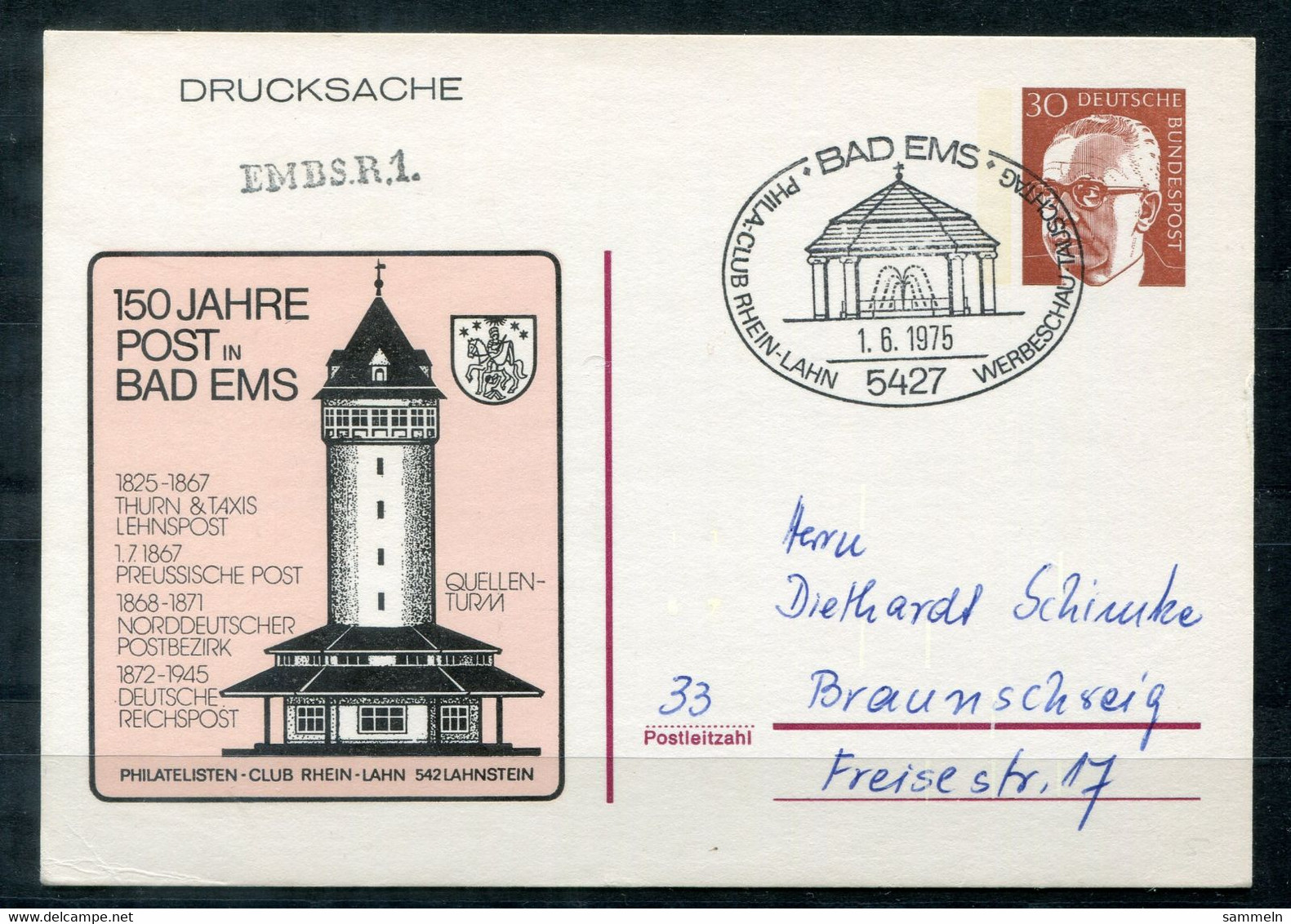 F1069 - BUND - Privatganzsache 30 Pfg. Heinemann, Als Drucksache Ab Bad Ems 1.6.1975 - Private Postcards - Used