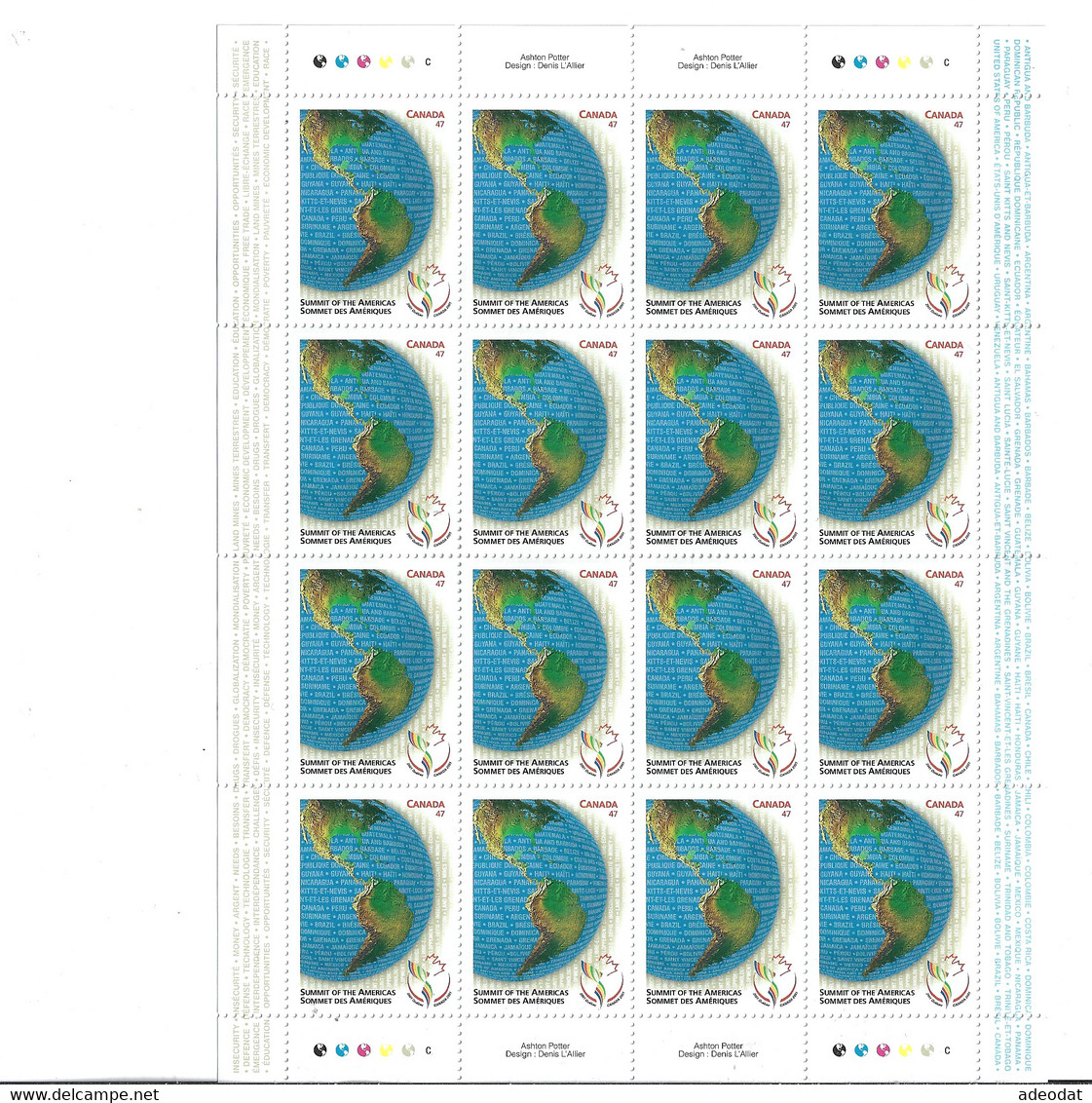 CANADA 2001 SCOTT 1902 PANE OF 16 - Full Sheets & Multiples