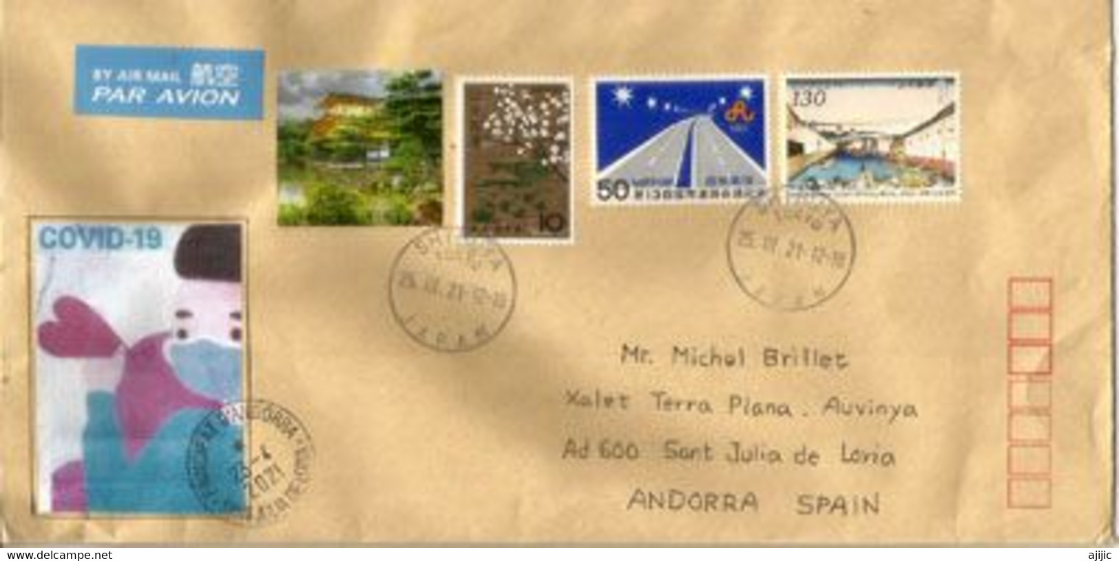 Lettre De Tokyo Avec Vignette Prevention Covid-19, Adressée Andorra, Avec Timbre à Date Arrivée - Covers & Documents