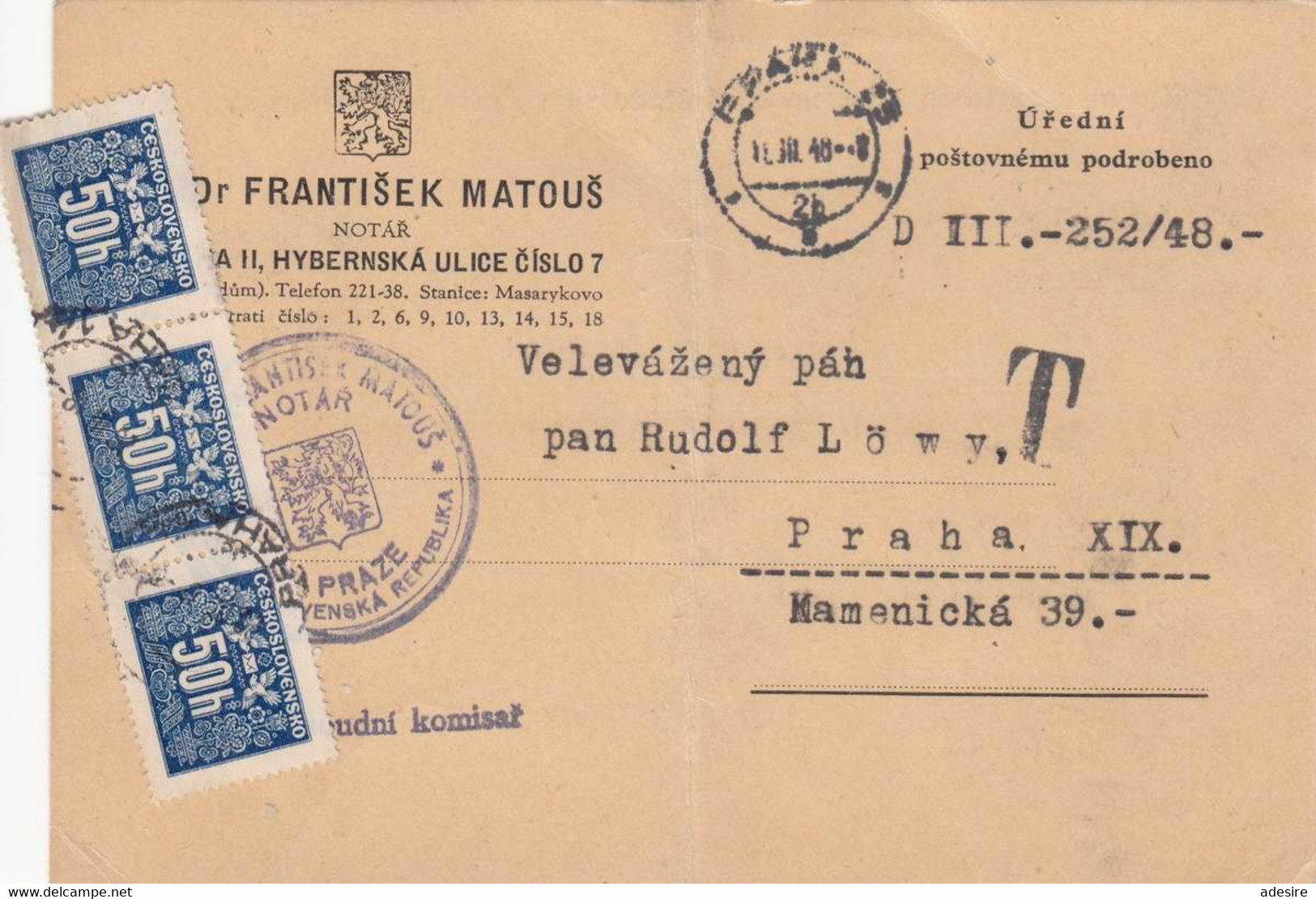 NACHPORTO Prag 1948 - 3 X 50h Porto.Frankierung Auf Postkarte Prag, Karte Mittig Geknickt, Rohrpost - Variétés Et Curiosités
