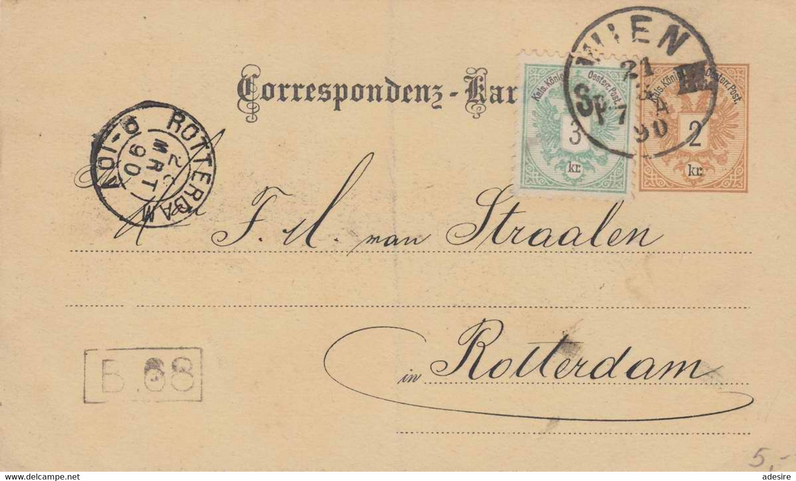 Österreich 1890 - 2 Kreuzer Ganzsache + 3 Kr Zusatzfrankierung Auf Pk Gel.v. Wien > Rotterdam (Rohrpost ... - Abarten & Kuriositäten