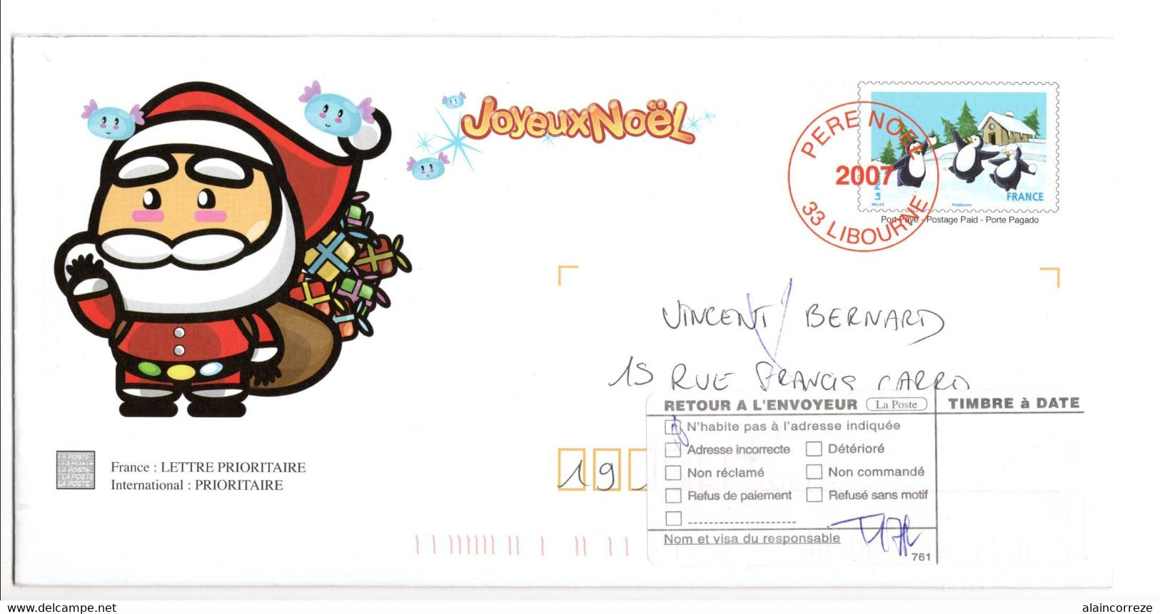Entier Postal PAP PRET A POSTER HORS COMMERCE PERE NOEL 2007 LIBOURNE Circulé Ouvert Avec Carte Retour à L'envoyeur - Prêts-à-poster:  Autres (1995-...)