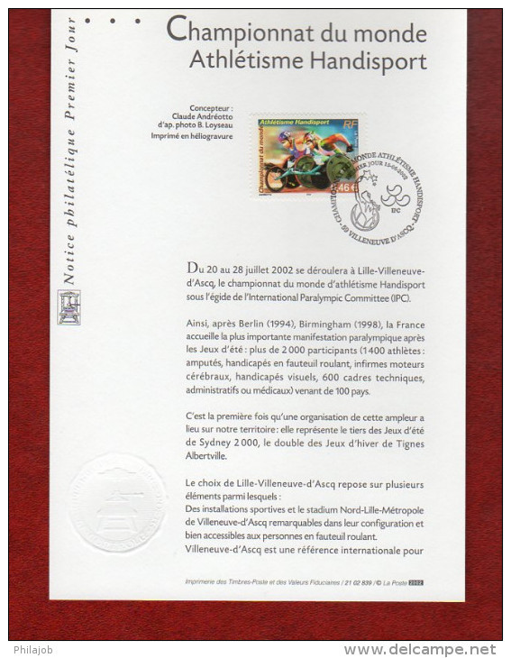 " CHAMPIONNATS DU MONDE D'ATHLETISME HANDISPORT " Sur Notice Officielle 1er Jour De 2002. N° YT 3495. Parfait état. FDC - Sport Voor Mindervaliden