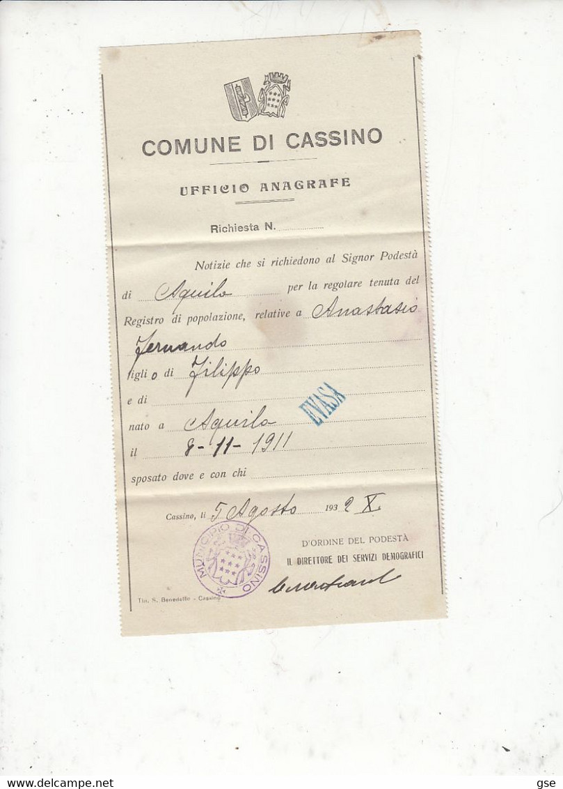 1932 Da CASSINO (FR) Ad Aquila - Richesta Documenti -.- - Manuscripten