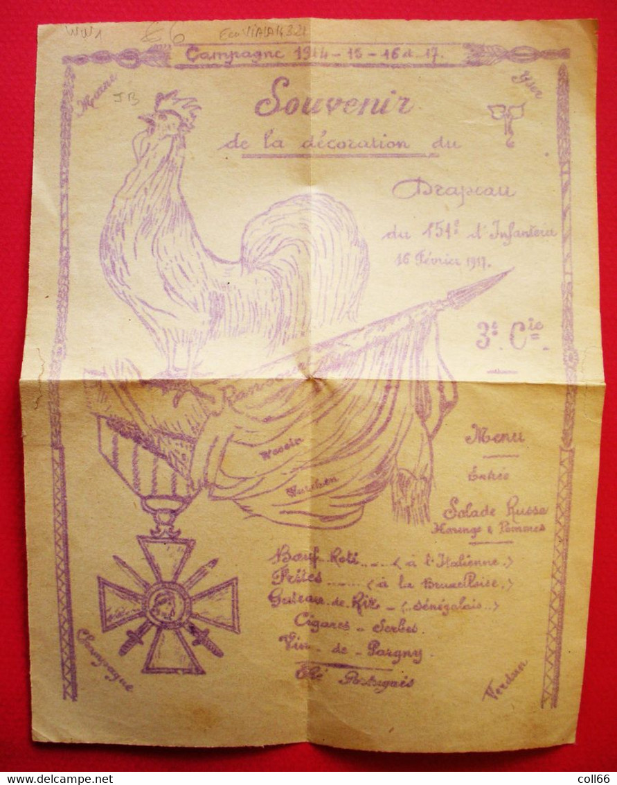 Ww1 Menu Tract 1917 Souvenir Décoration Du Drapeau Du 151 RI 3° Cie Sans éditeur Dos Scanné - Menú