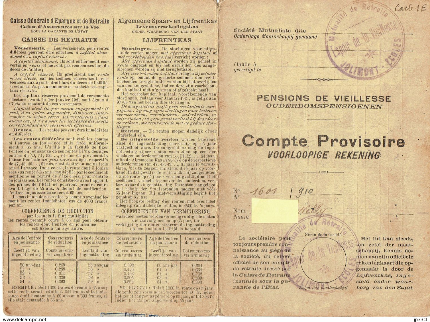 Mutualité De Retraite L'Espoir De La Vieillesse à Jolimont-Écoles : Carte De Pension Avec Nombreux Timbres (1926/33) - Historical Documents