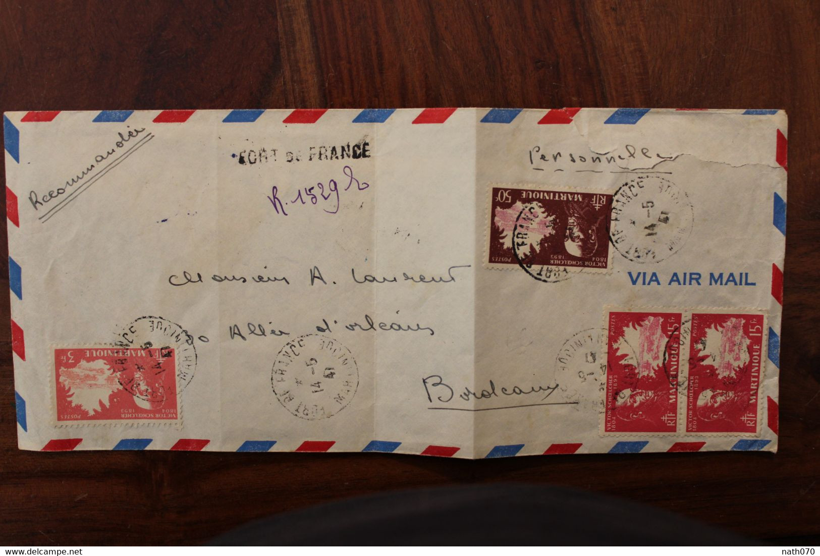 Martinique 1947 FRANCE Recommandé Enveloppe Cover Paire 15f Registered - Covers & Documents