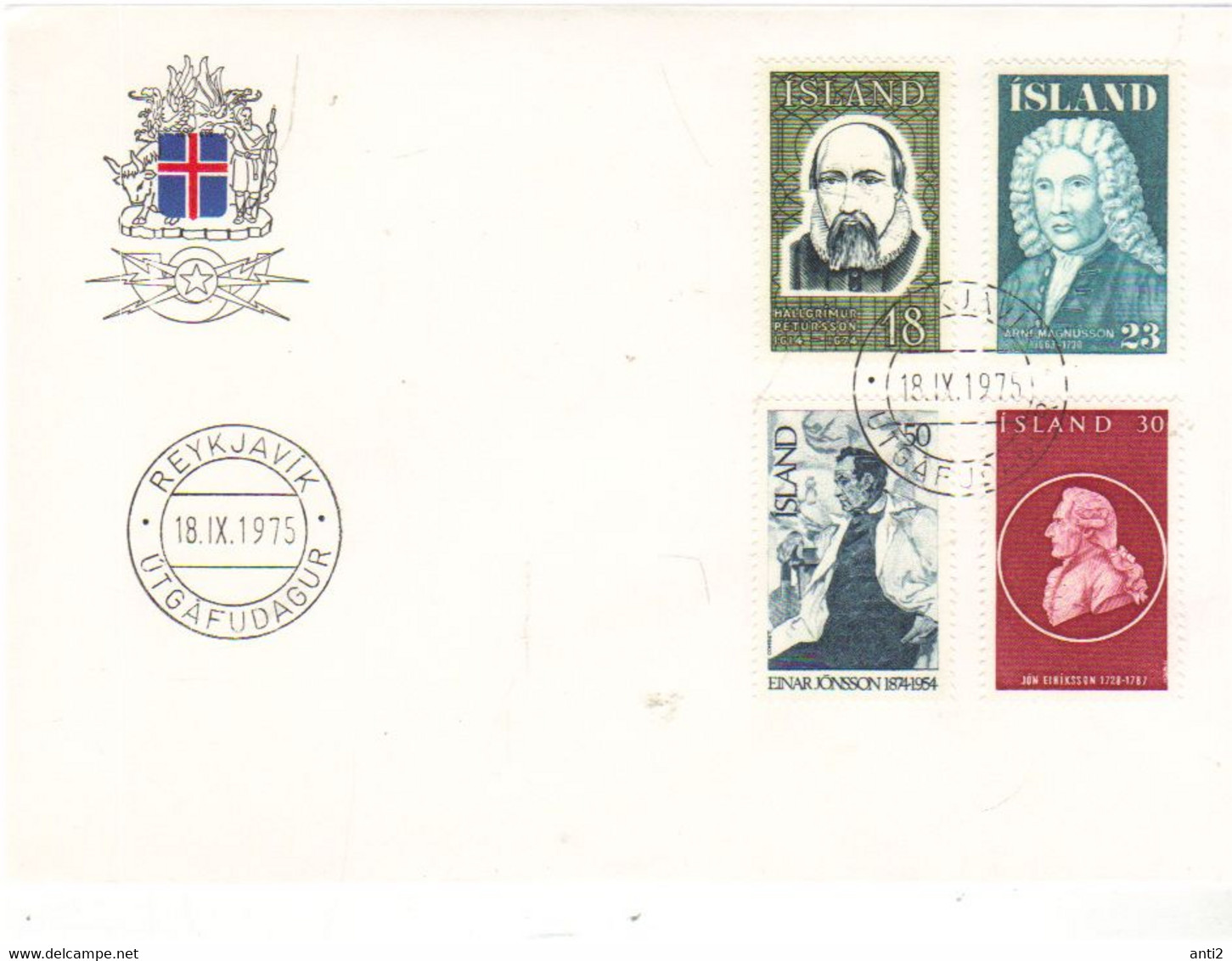 Iceland Island 1975 Personalities (I), Hallgrimor Petursson, Arni Magnusson, Jon Eiriksson, Einar Jonsson,  MI 505-8 FDC - Briefe U. Dokumente