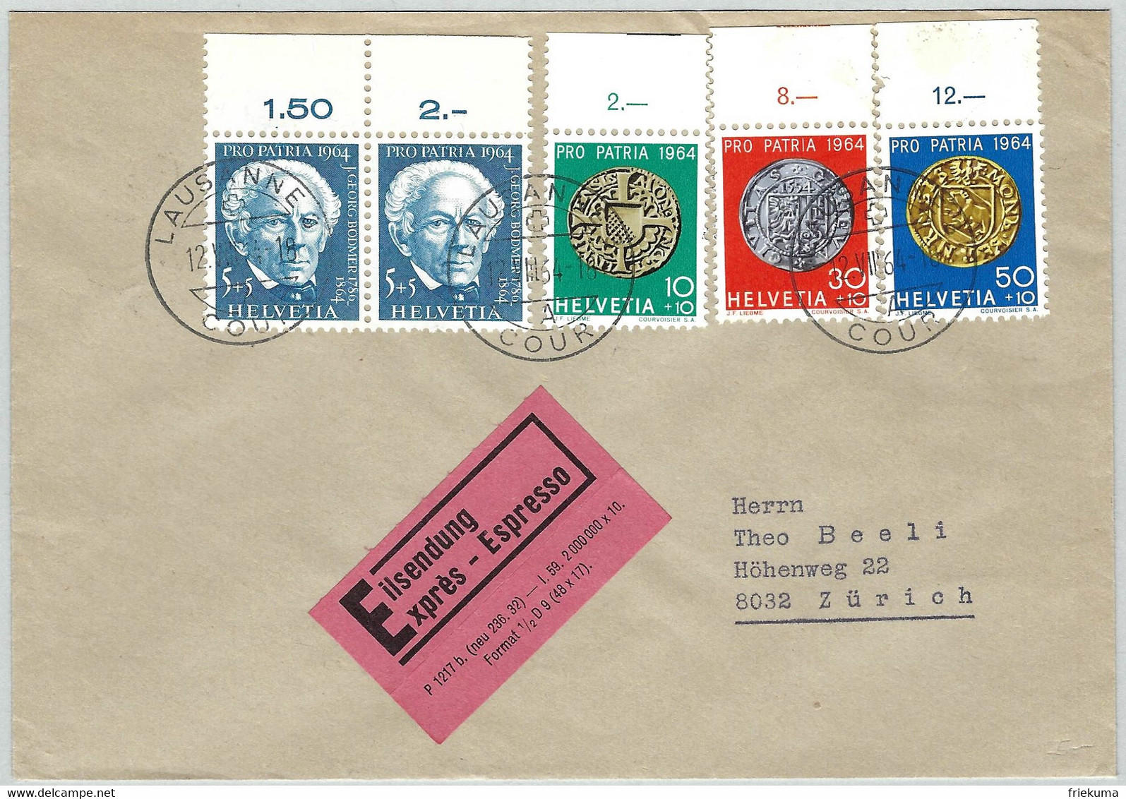 Schweiz Pro Patria 1964, Expressbrief Lausanne Court - Zürich, Münzen / Monnaies / Coins - Cartas & Documentos