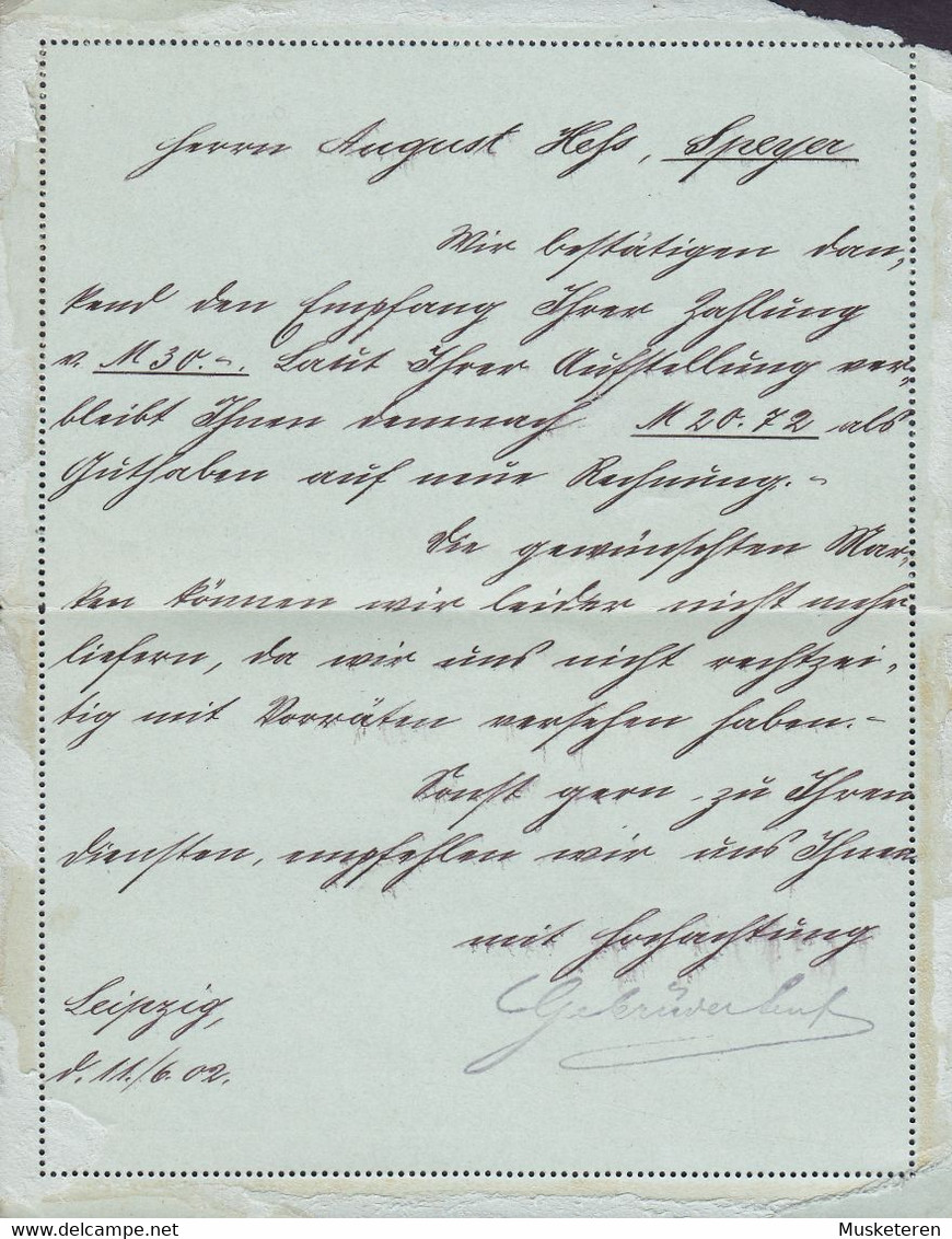 Deutsches Reich Postal Stationery Ganzsache Entier Germania Kartenbrief LEIPZIG 1902 August HESS SPEYER A. Rhein (Arr.) - Altri & Non Classificati