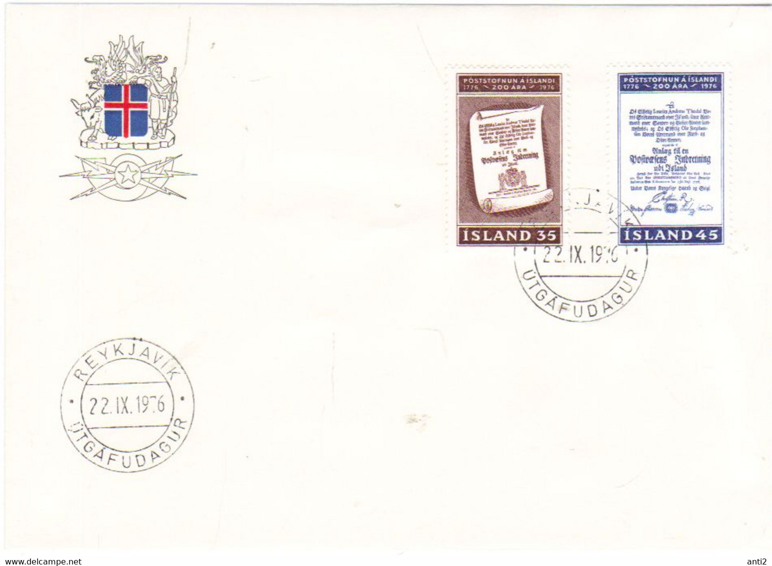 Iceland Island 1976 200 Years Icelandic Postal Service  MI 516-517 FDC - Lettres & Documents