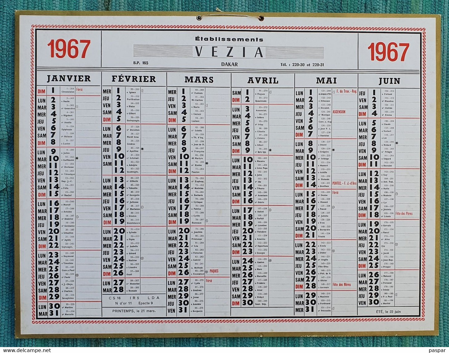 Grand Calendrier De Bureau 1967 Etablissements Vezia Dakar Sénégal - Grand Format : 1961-70