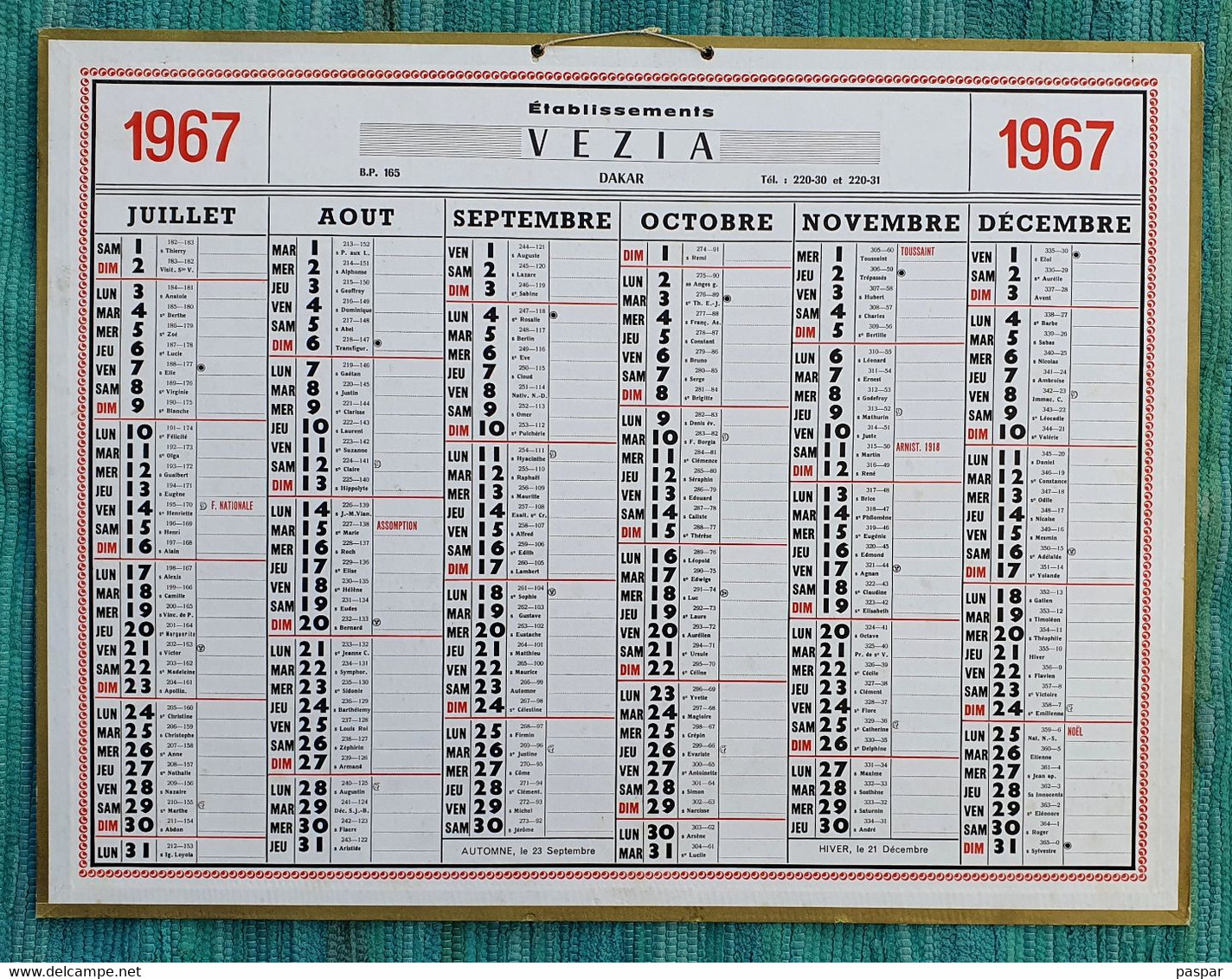 Grand Calendrier De Bureau 1967 Etablissements Vezia Dakar Sénégal - Grand Format : 1961-70