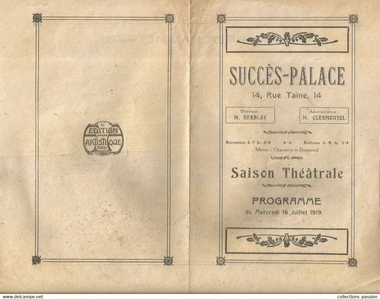 Programme , Saison Théatrale , 1919 , SUCCES-PALACE , PARIS 12 E , 2 Scans , Fraisfr 1.75 E - Programma's