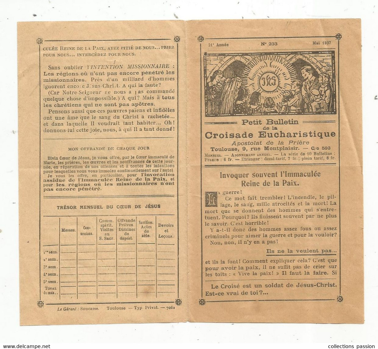 Religion , Petit Bulletin De La CROISADE EUCHARISTIQUE , N° 233 , 1937 , 4 Pp , 155 X 90 Mm ,2 Scans - Religion & Esotérisme