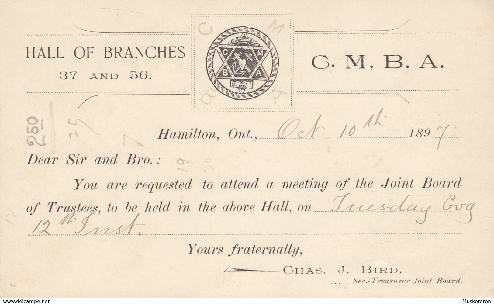 Canada Postal Stationery Ganzsache Victoria PRIVATE Print C.M.B.A. HALL Of BRANCHES, HAMILTON 1897 Unsent Card (2 Scans) - 1860-1899 Regno Di Victoria