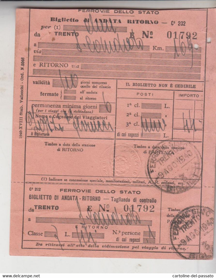 Biglietto Ticket Buillet Biglietto Ticket Andata E Ritorno Ferrovie Dello Stato Trento S. Candido  1940 - Europa
