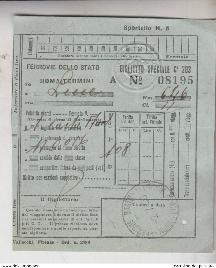Biglietto Ticket Buillet Biglietto Ticket  Speciale Roma Lecce  1940 - Europa