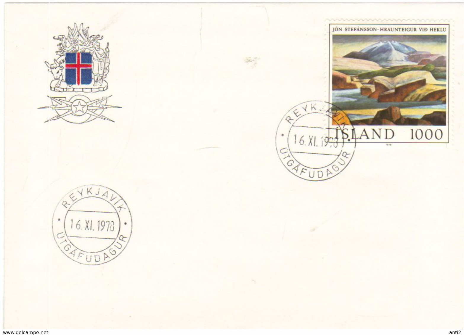 Iceland Island 1978 Hraunteigur With Hekla Volcano; Painting By Jón Stefánsson (1881-1962), MI 535 FDC - Lettres & Documents