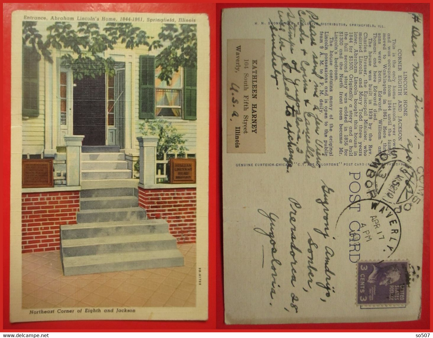 J1-America USA United States-Postcard- Entrance,Abraham Lincoln's Home 1844-1861. Springfield, Illinois - Springfield – Illinois