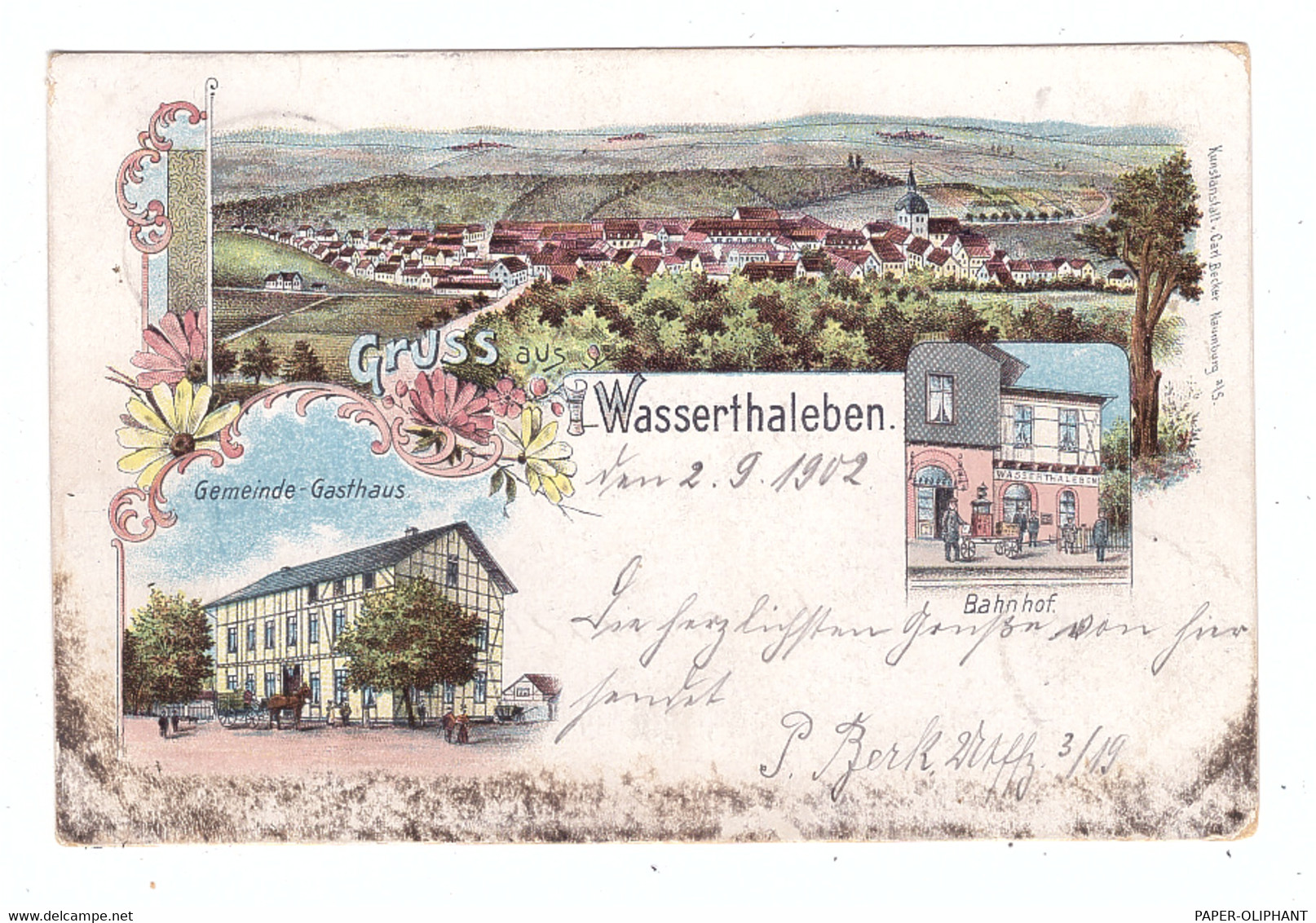 0-5401 WASSERTHALEBEN, Lithographie, Bahnhof, Gemeinde-Gasthaus, Ortsansicht - Sondershausen