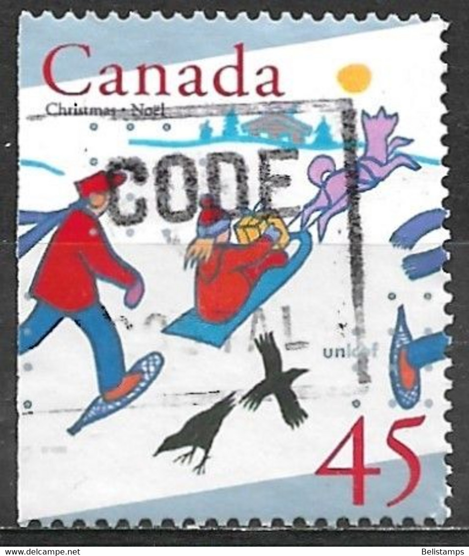 Canada 1996. Scott #1627a Single (U) Christmas, Children On Snowshoes, Sled - Timbres Seuls
