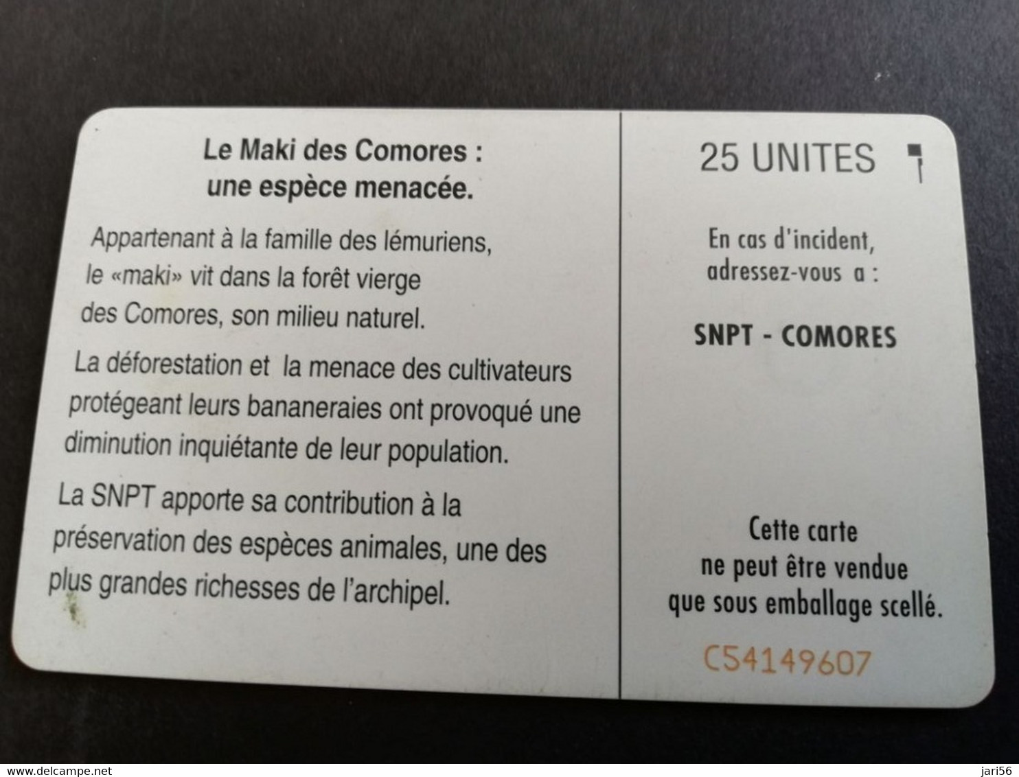 COMOROS CHIPCARD  LE MAKI DES COMODORES  25 UNITS     ** 5294** - Comore