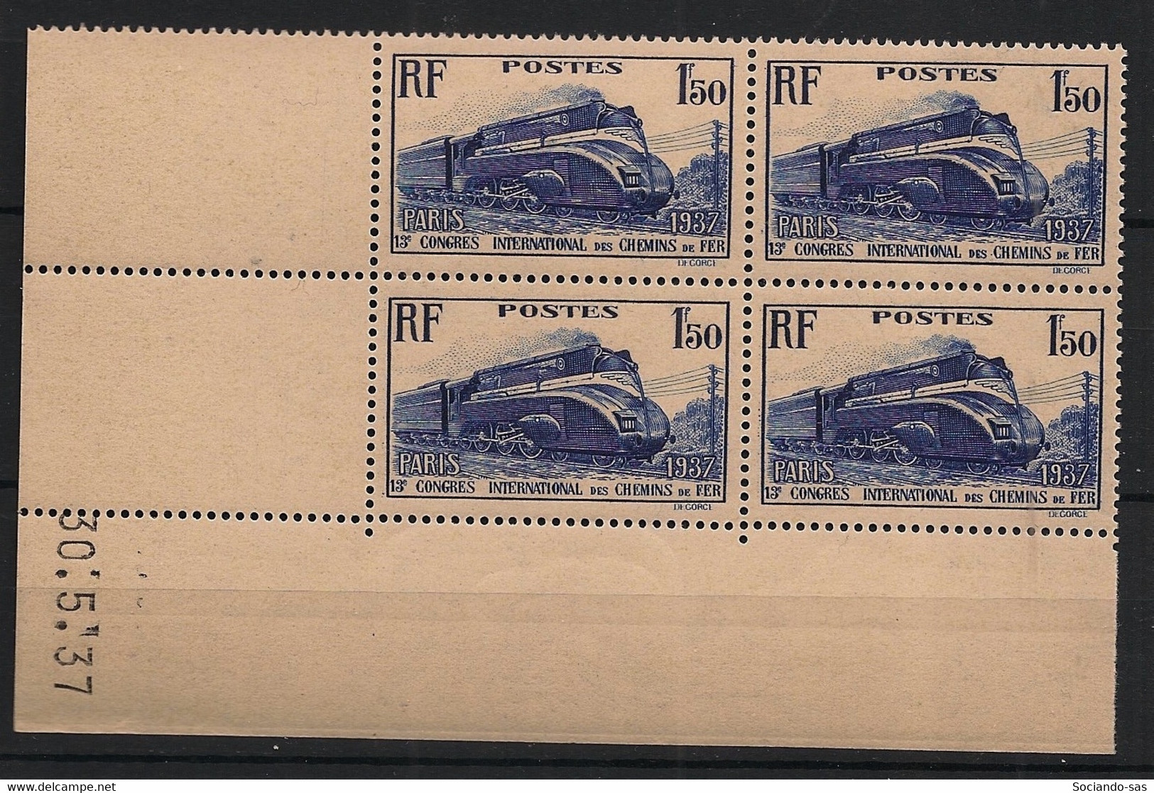 France - 1937 - N°Yv. 340 - Locomotive - Bloc De 4 Coin Daté - Neuf Luxe ** / MNH / Postfrisch - 1930-1939