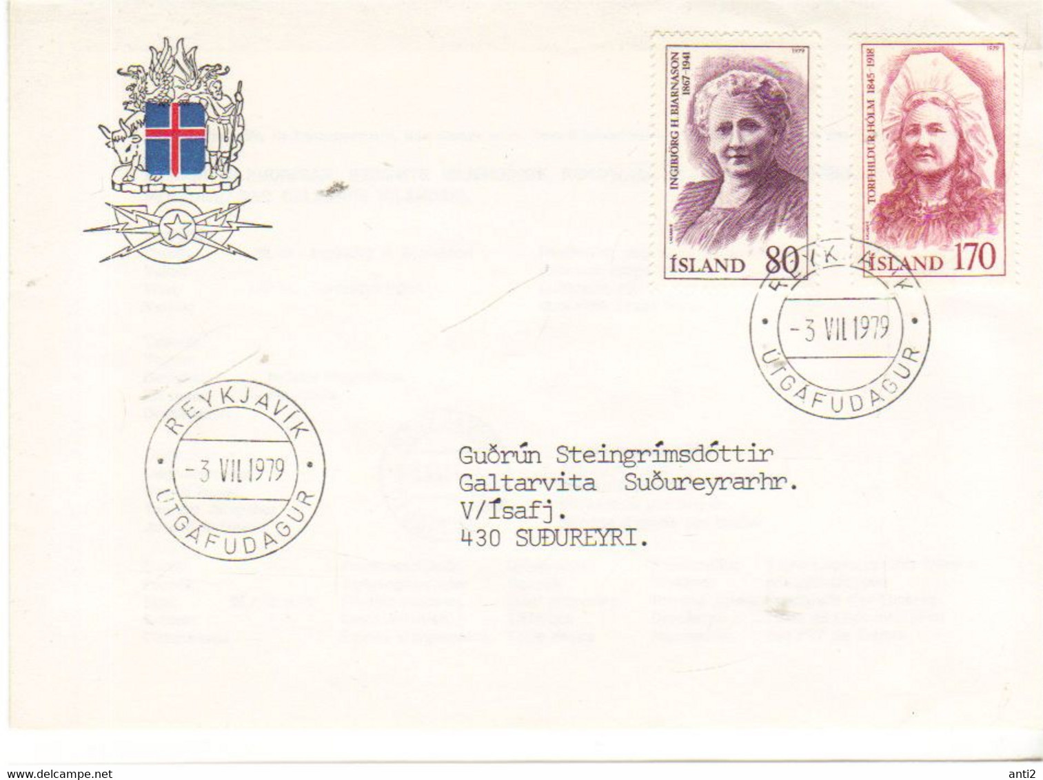 Iceland Island 1979  Personalities (III). Headmistress Ingibjörg H. Bjarnason And Author Torfhildur Hólm MI 541-542 FDC - Cartas & Documentos
