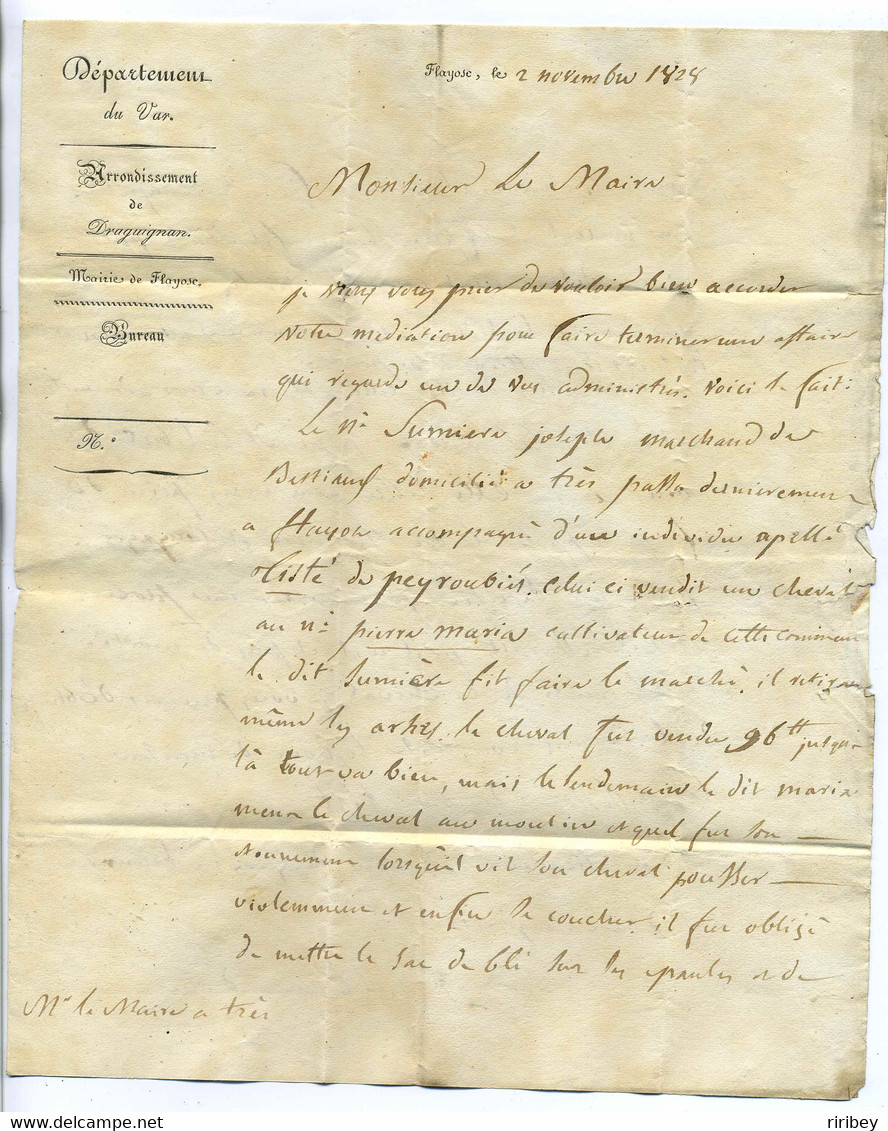 P 78 P  DRAGUIGNAN  Ecrite De La Mairie De FLAYOSE /  Dept Du Var / 1828 - 1801-1848: Precursors XIX