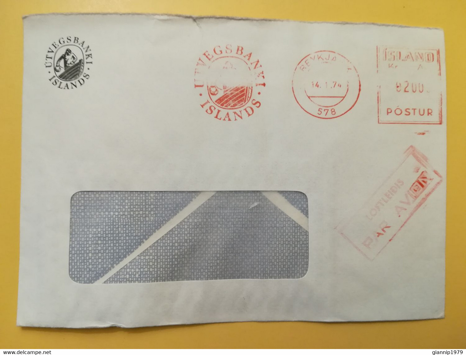1974 BUSTA INTESTATA AIRMAIL ISLANDA ISLAND BOLLO AFFRANCATURA MECCANICA ROSSA RED EMA OBLITERE' REYKJAVIK - Cartas & Documentos