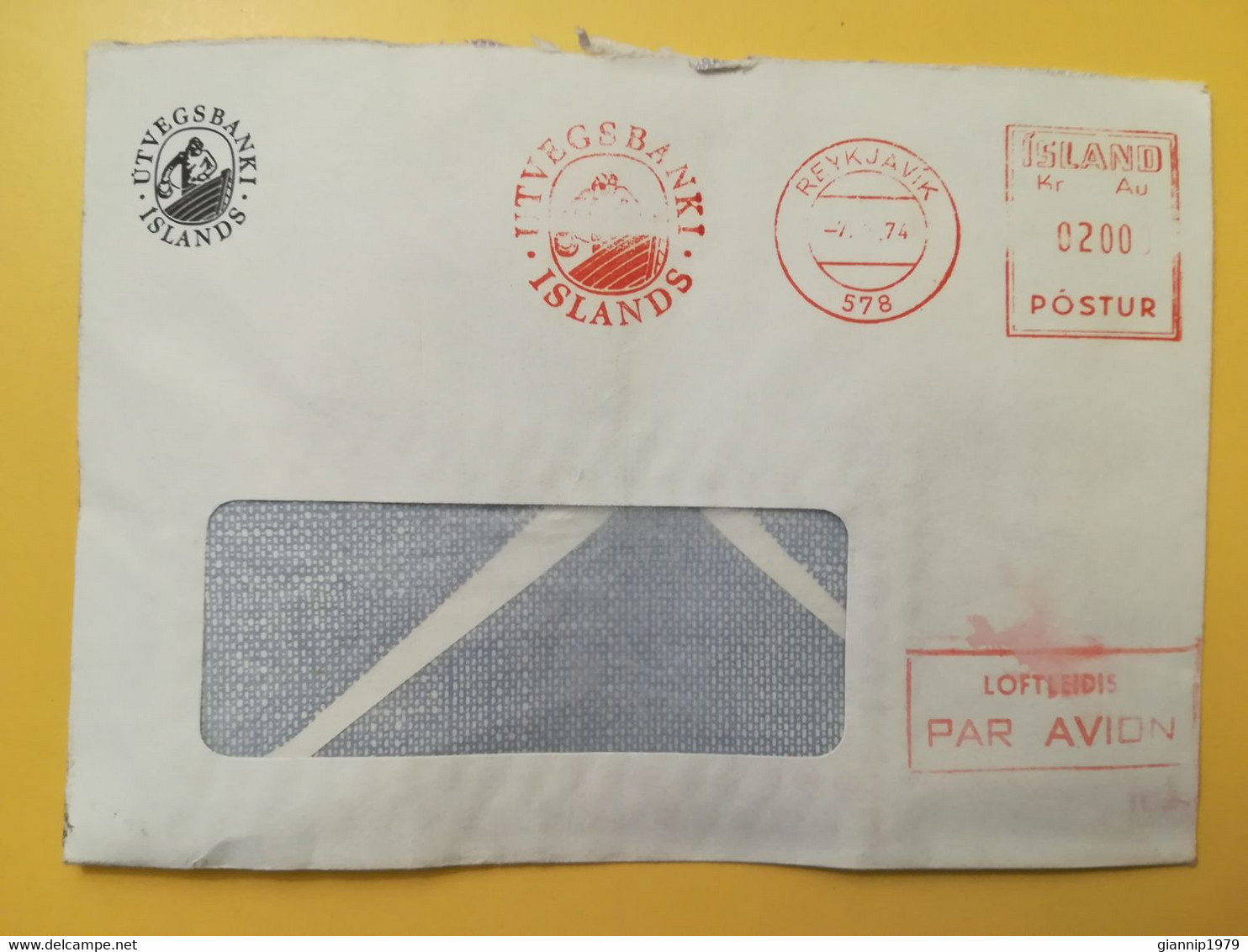 1974 BUSTA INTESTATA AIRMAIL ISLANDA ISLAND BOLLO AFFRANCATURA MECCANICA ROSSA RED EMA OBLITERE' REYKJAVIK - Covers & Documents