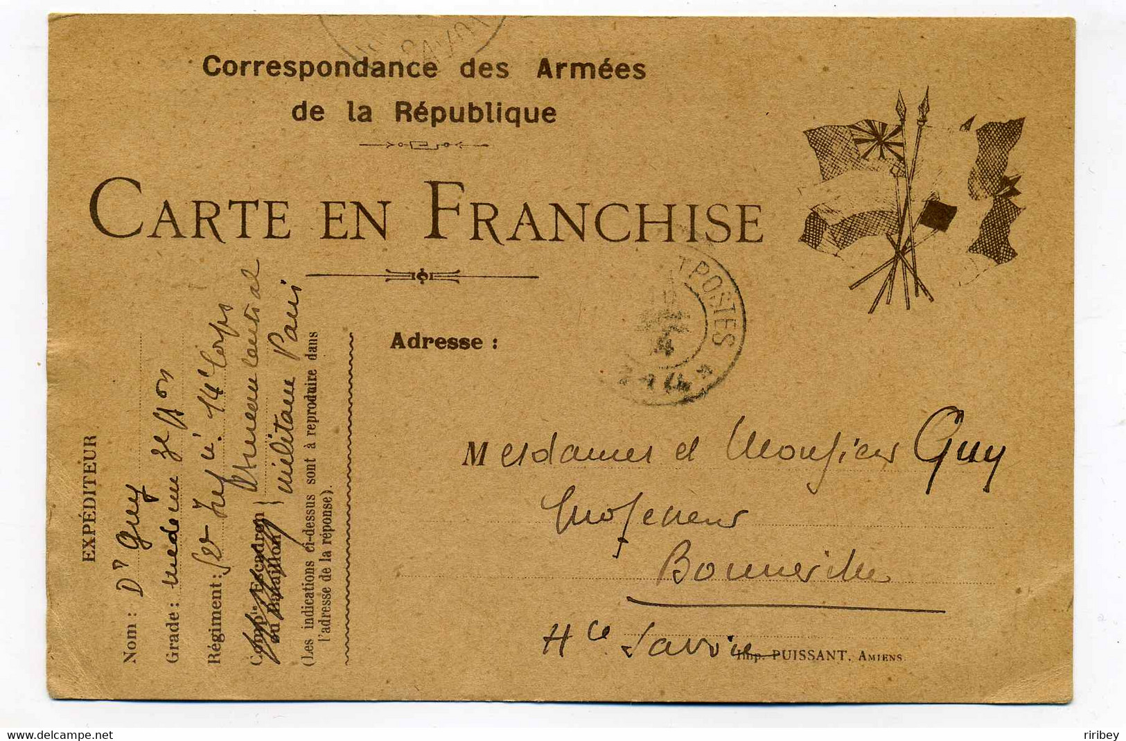 WW1 Carte En Franchise  / Tresor Et Postes N°114 / 1914 / Monochrome Marron - Covers & Documents