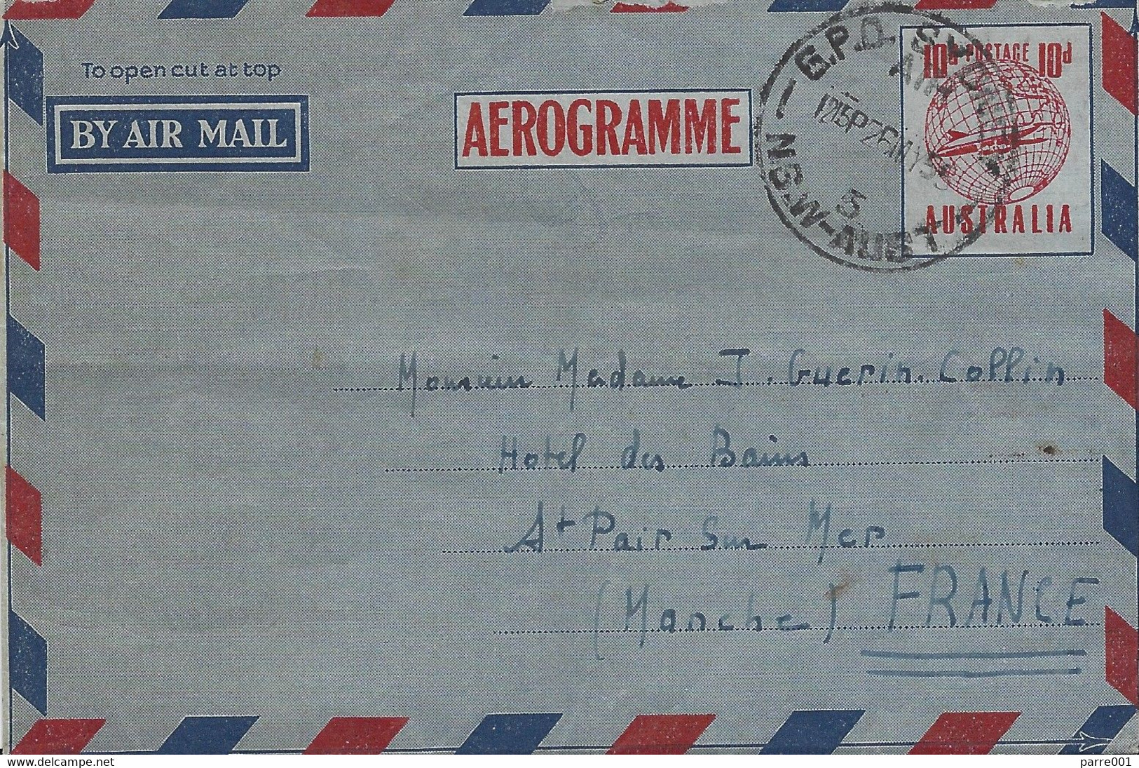 Australia 1955 Sydney 10d Aerogramme To France - Aérogrammes