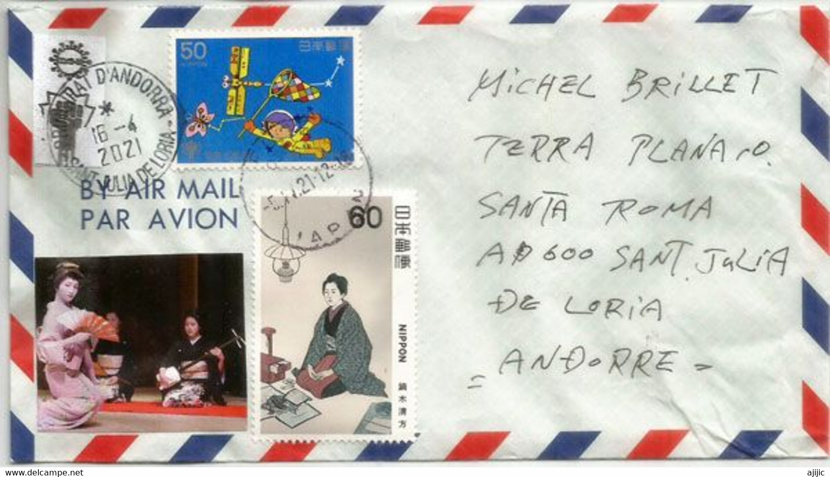 Geisha, Lettre Adressée Andorra Avec Vignette Japonaise Covid-19 - Cartas & Documentos