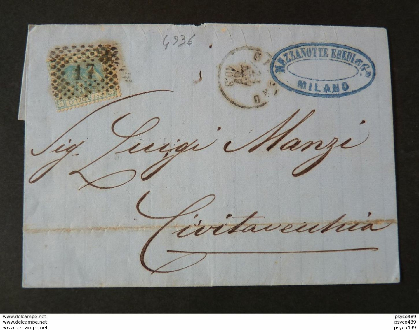 4936 ITALIA Regno-1867- "L 26 Londra Effigie" C. 20 MILANO>CIVITAVECCHIA (descrizione) - Marcofilía
