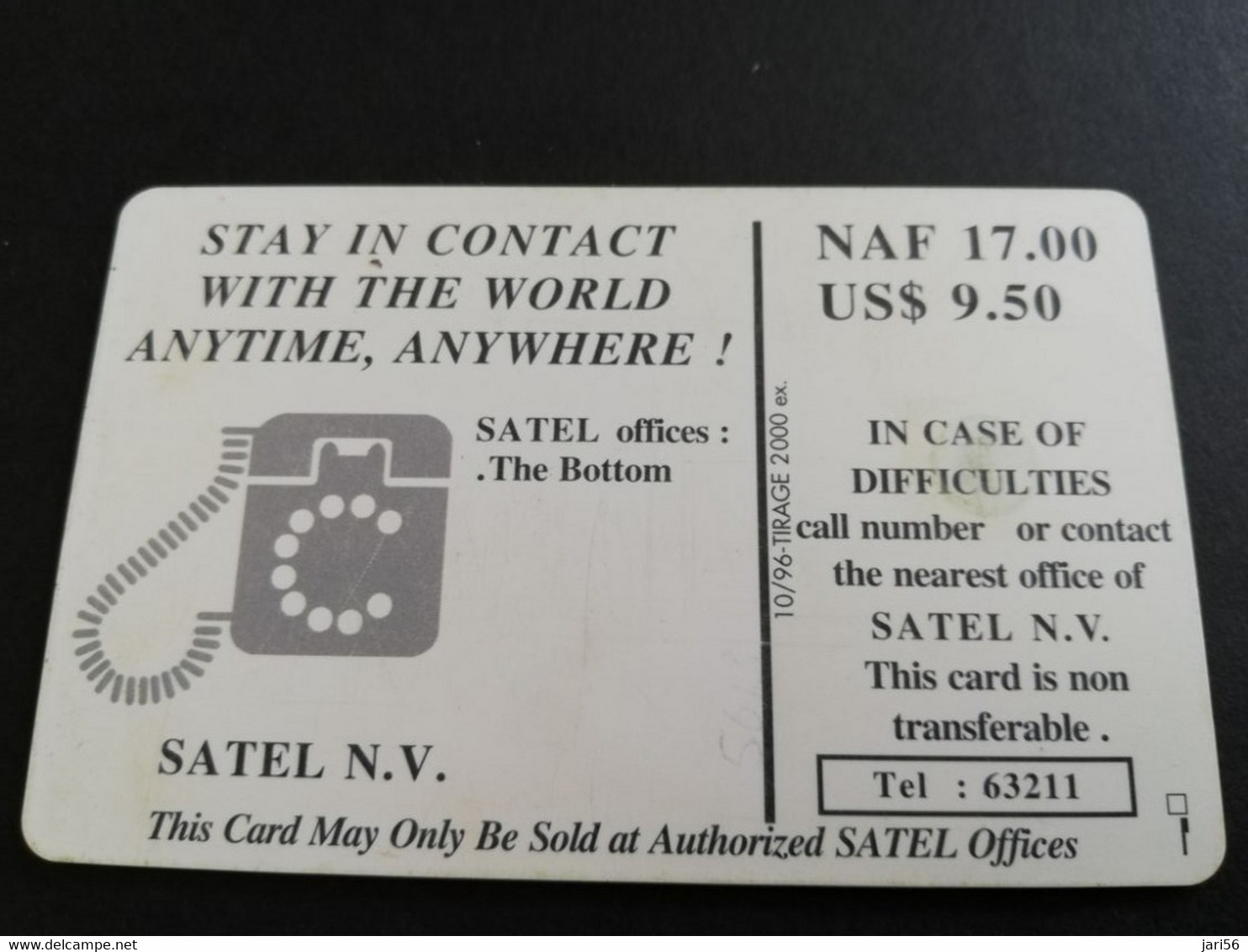 SABA / CHIPCARD  SATEL NV  Naf 17,00 60units  UNDERWATER FISH   TIRAGE ONLY  2000  **5341** - Antilles (Neérlandaises)