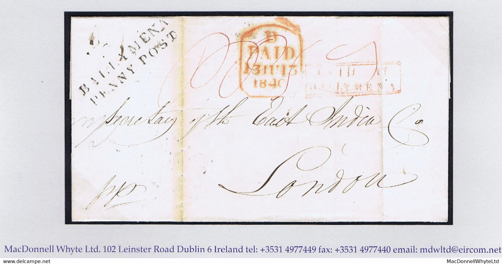 Ireland Antrim 1840 BALLYMENA/PENNY POST With Unframed 'No1' Receiver Of Gracehill, Cover To London - Préphilatélie